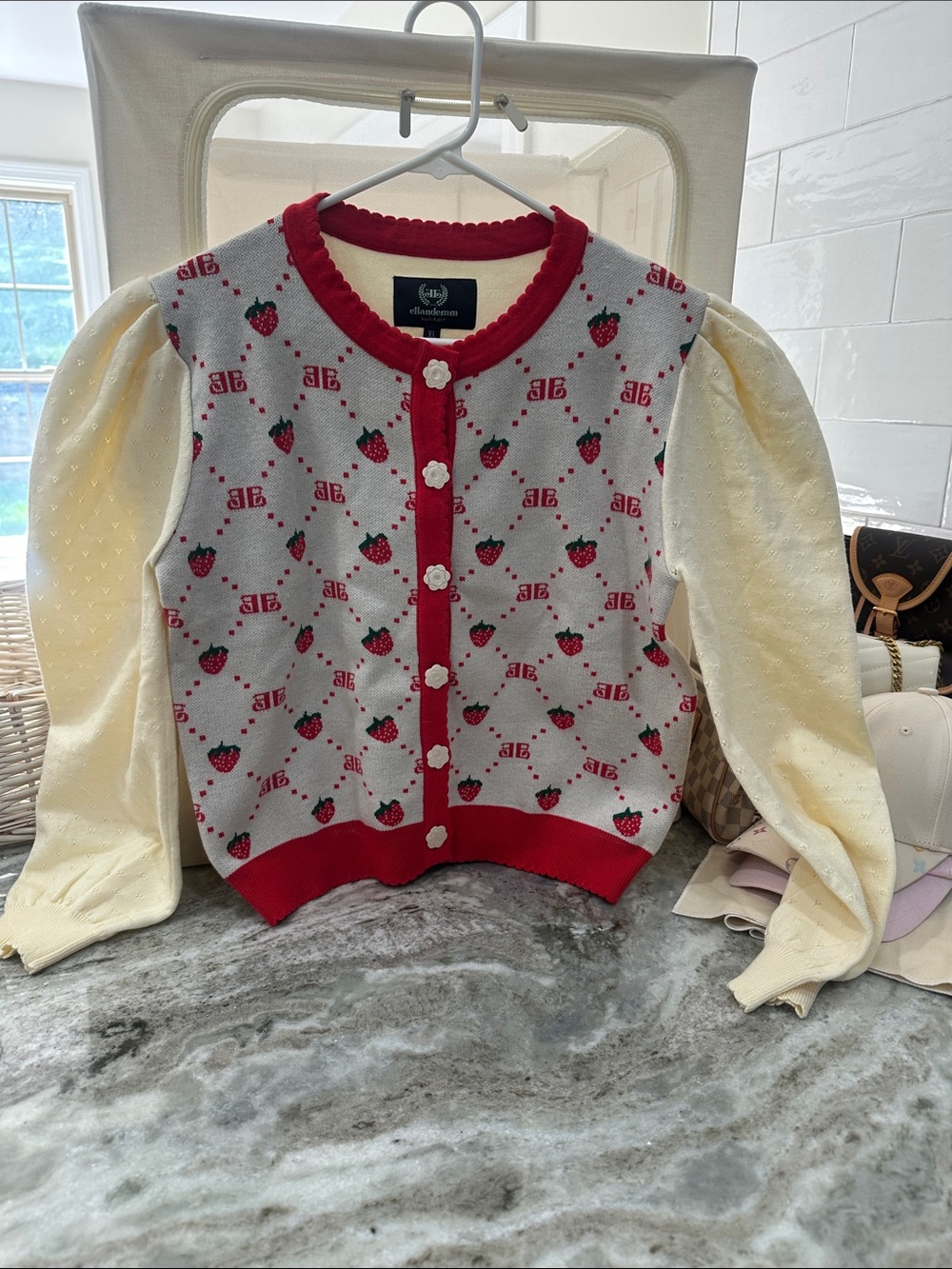 Ellandemm Strawberry Patch Button-Front Cardigan Sweater - Cream & Red
